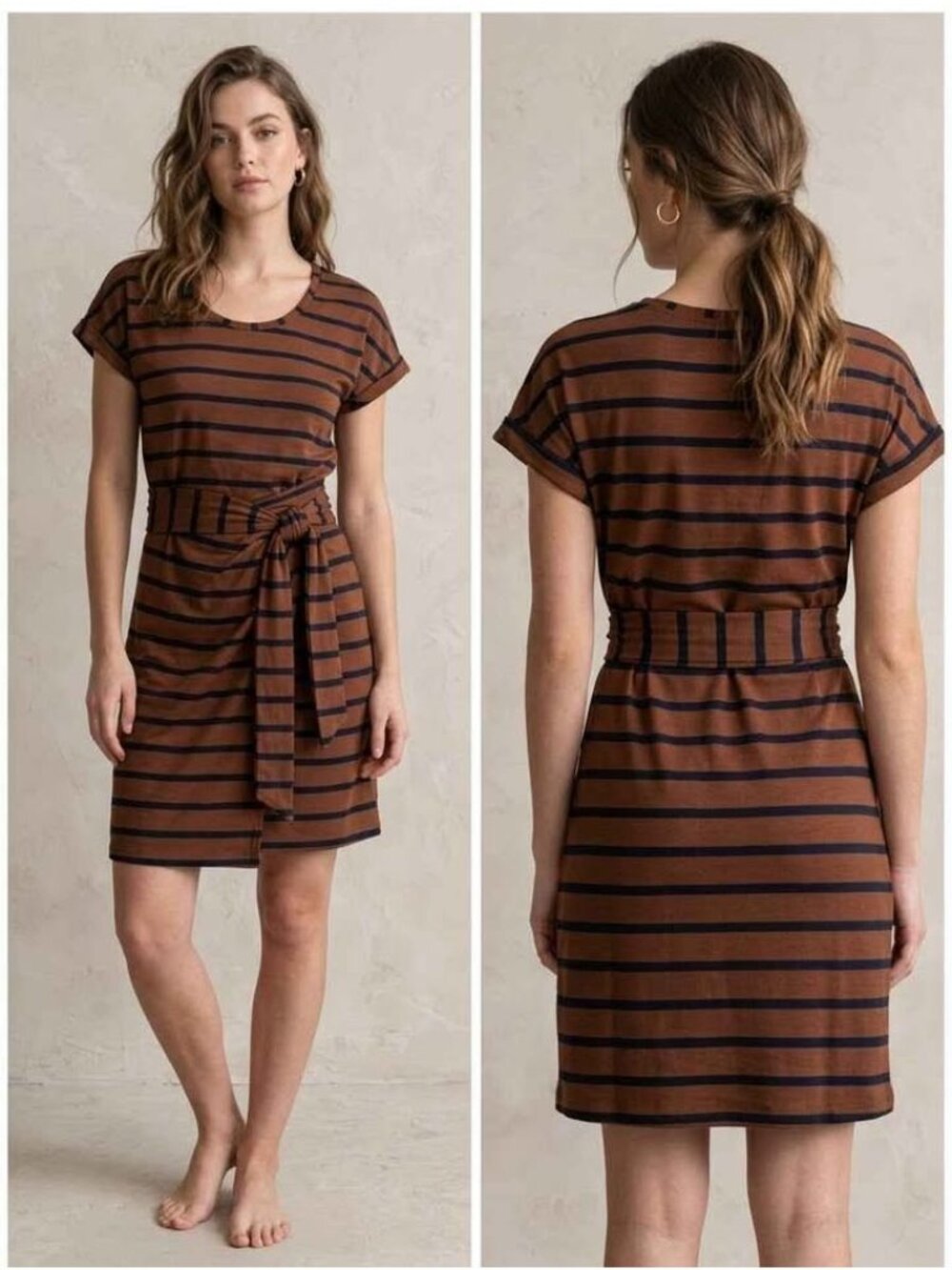 Never Fully Dressed Brown Black Striped Jersey Cotton Tie Waist Dress Size L
